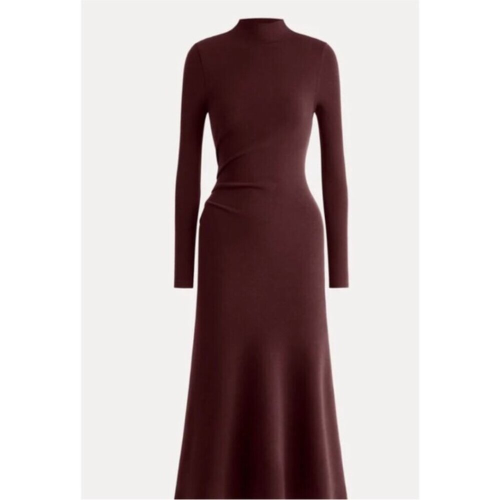 Long Sleeve Mock Neck Knit Dress in Deep Burgundy
